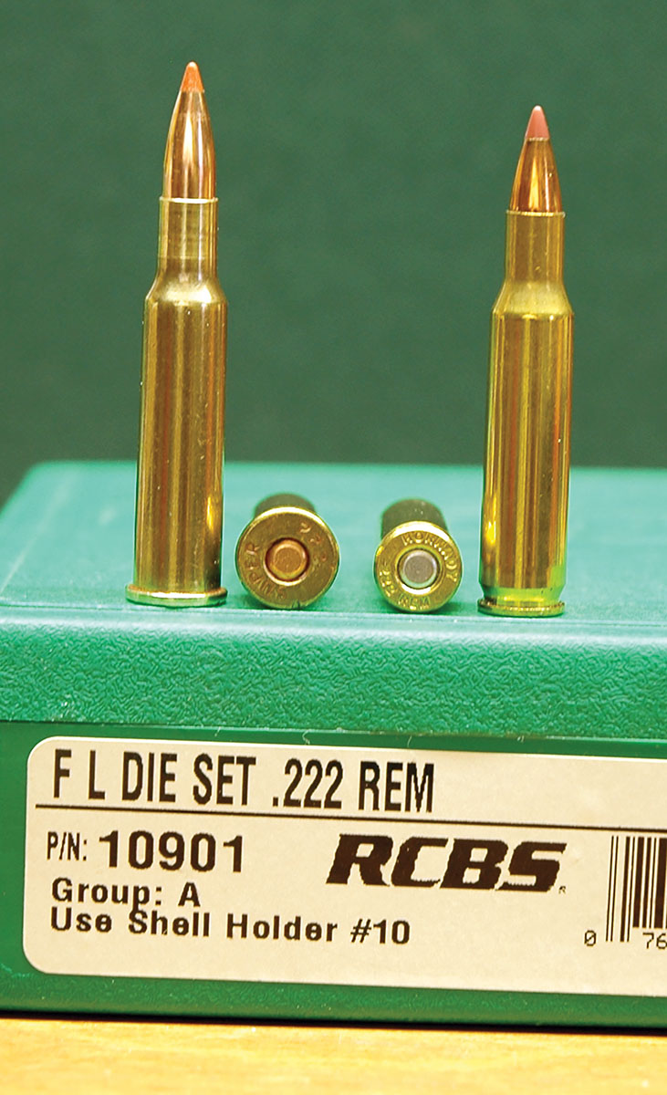 Developed in Australia specifically for the small Martini Cadet action, the 222 Rimmed differs from the 222 Remington only by having a rim the same diameter as on the 38 Special revolver cartridge. A standard die set for the 222 Remington works equally well for loading the 222 Rimmed case.